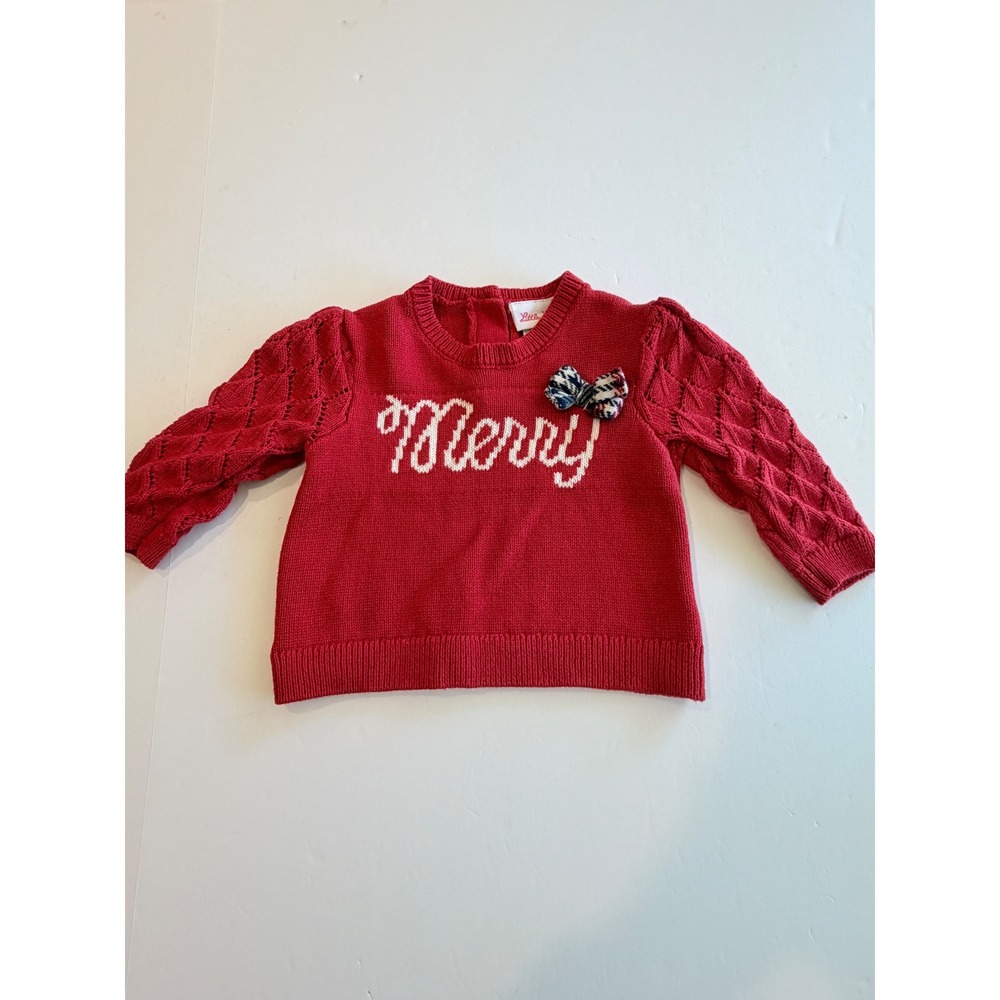 Little Lass Girls Red Merry Christmas‎ Sweater Plaid Bow Cable Knit 4T